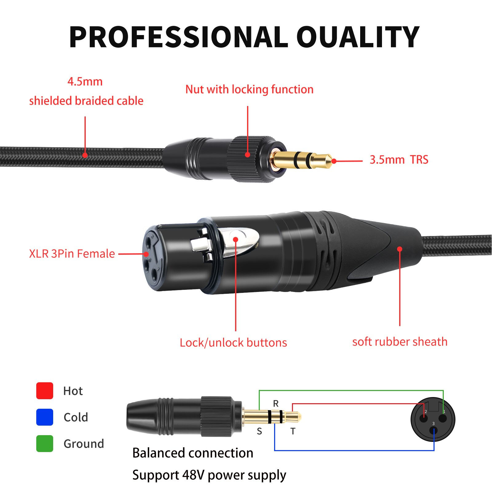 3.5mm To XLR Female Cable Locking Balanced 1/8in Stereo Jack To 3pin XLR F - Picture 24 of 28
