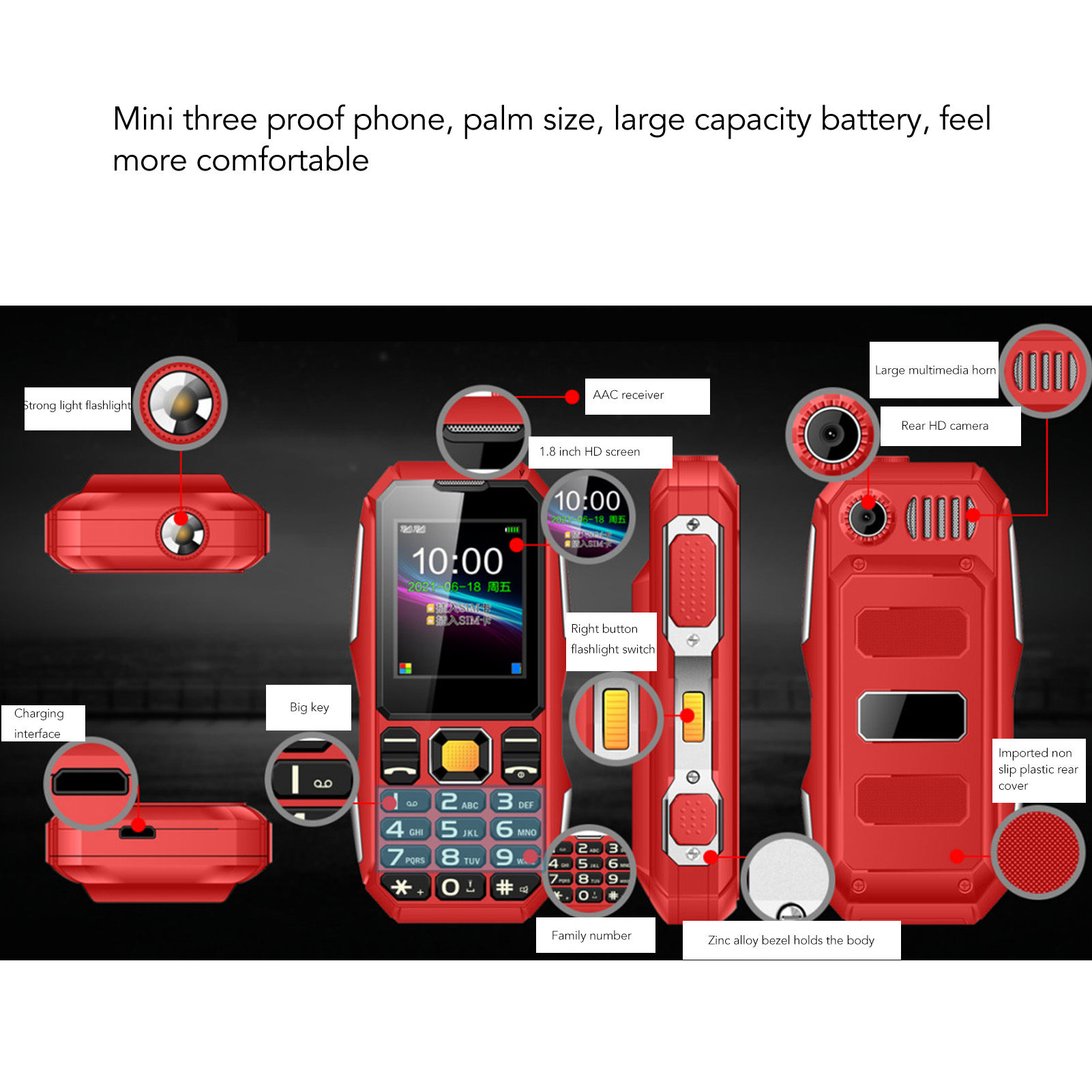 New W2021 1.8in Senior Cell Phone 5800mAh Mini Three Proof Mobile Phone With Lar - Zdjęcie 26 z 33