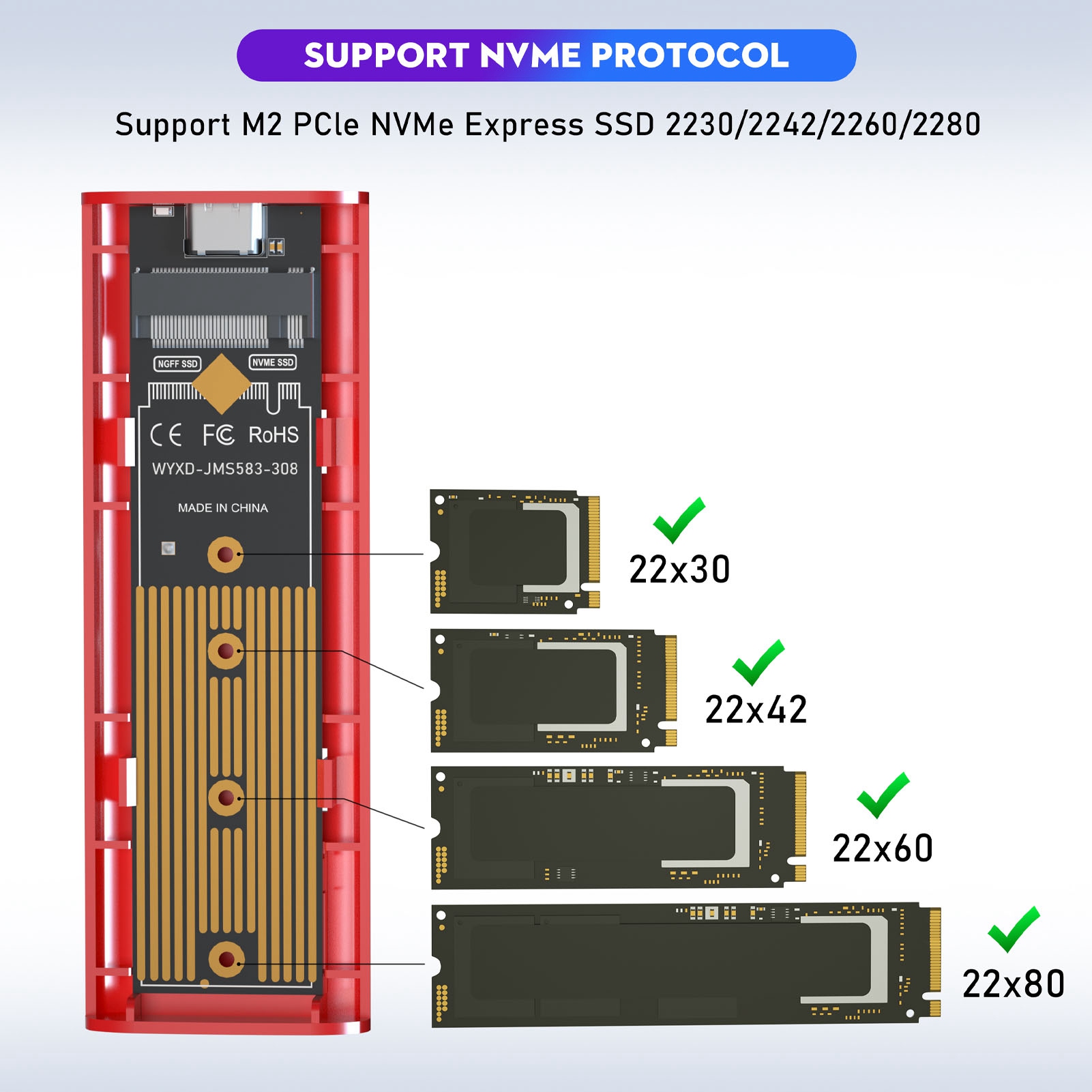 M.2 NVME SSD Enclosure 10Gbps High Speed Transmission PCIe NVMe M Key M.2 SSD CB - Afbeelding 25 van 30