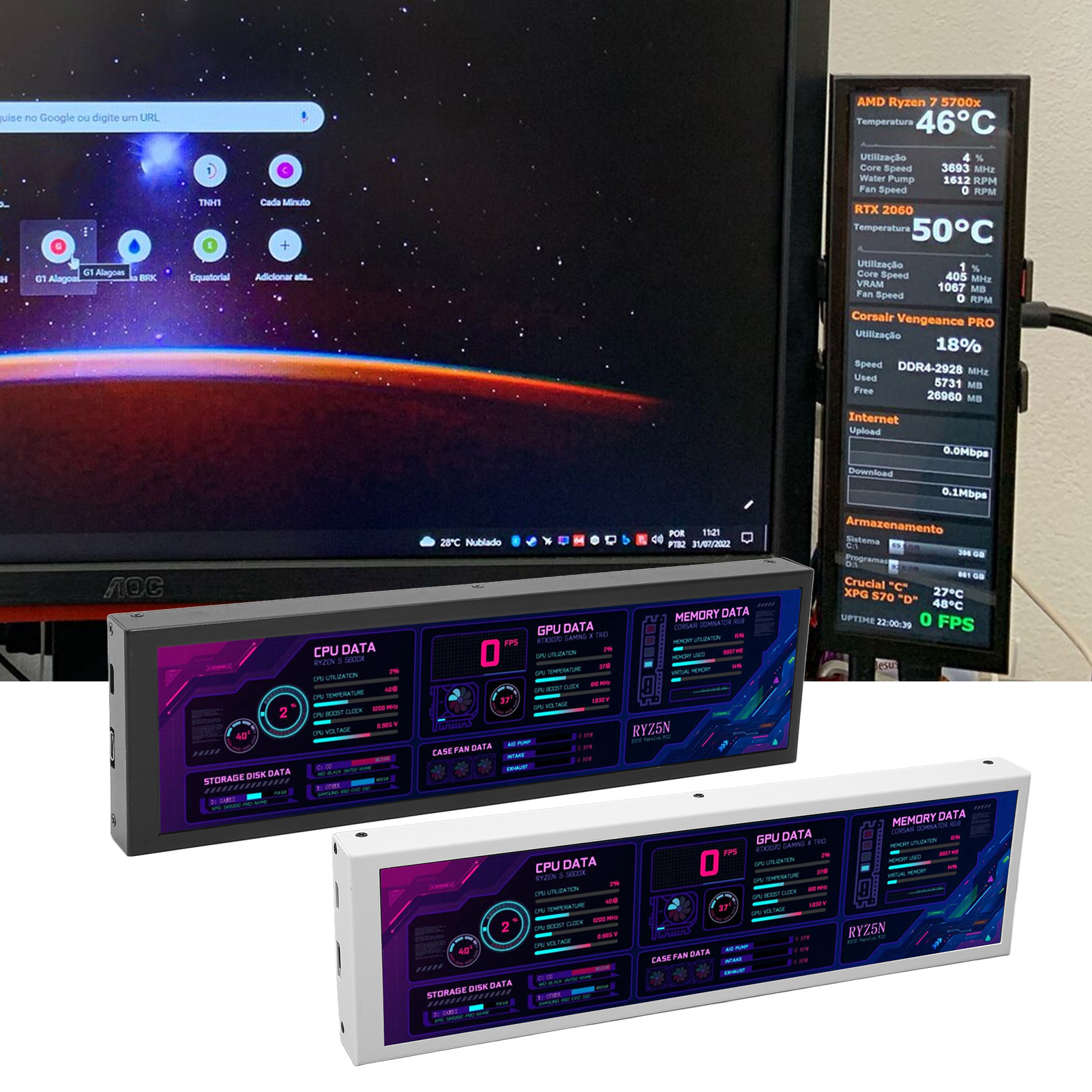 8.8in Computer Temp Monitor For AIDA64 1920x480 60Hz USB C Interface CPU GPU DB - Photo 17/18