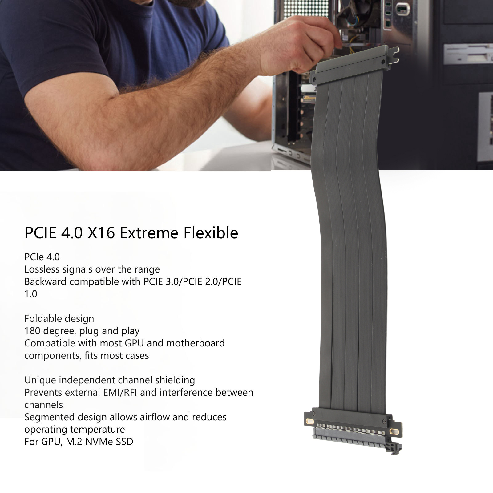 PCIE 4.0 X16 Extreme Flexible 180° High Speed GPU Extension Card Riser Cable NEW - Afbeelding 22 van 30