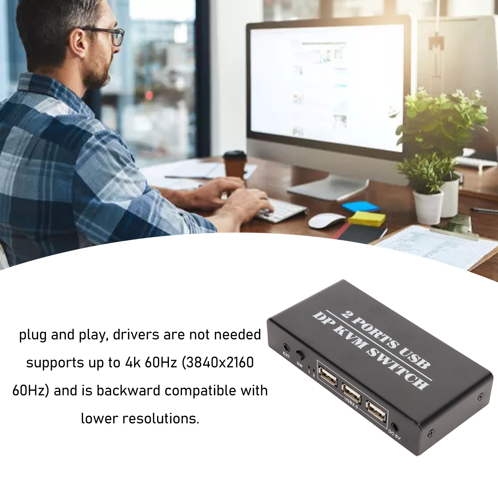 DisplayPort KVM Switch 2 Ports 4K 60Hz Dual Mode KVM Switcher For Keyboard M SD3 - Photo 18/18
