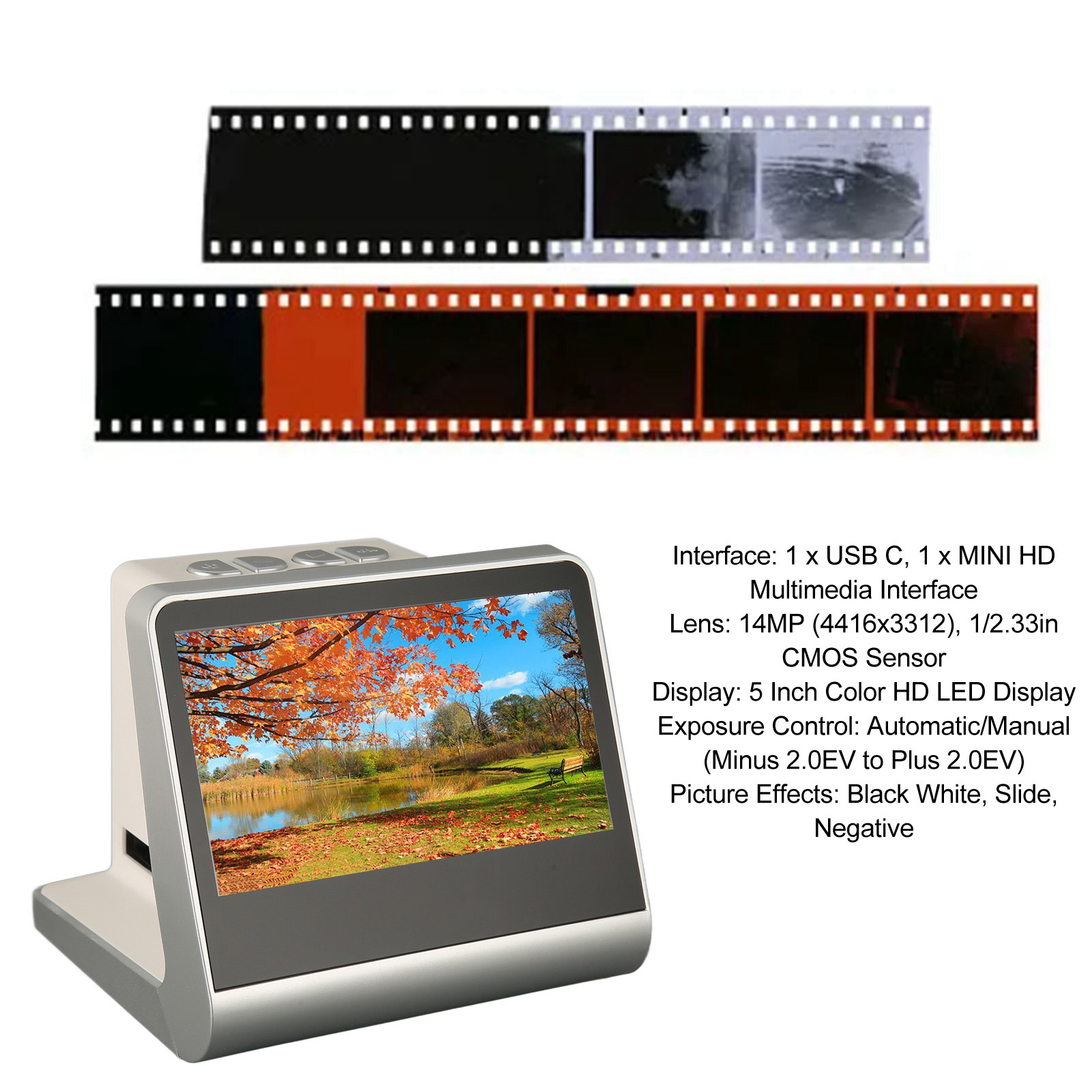 Film Scanner 5 Inch Color HD Screen 14MP 22MP JPEG NTSC PAL USB C Mini HD Kit - Picture 28 of 36