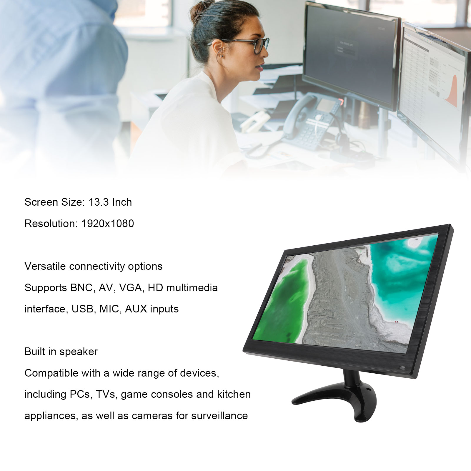 13.3in Computer Display 1920x1080 BNC AV VGA USB MIC AUX HD Multimedia Inter NEW - Afbeelding 20 van 24