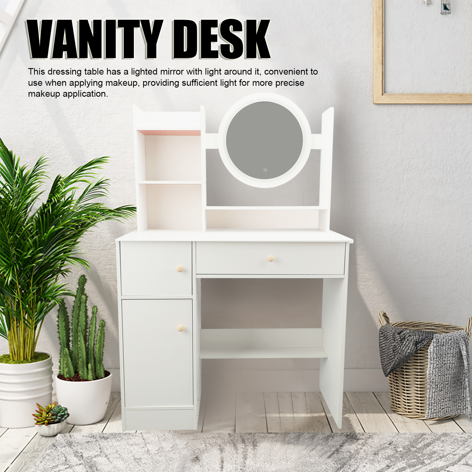 multifunction modern dressing table Modern Fold Out Desk Foldable Dresser Multifunctional Pullout Vanity Table with Drop Leaf Mirror & Vanity Stool in BrownHomary