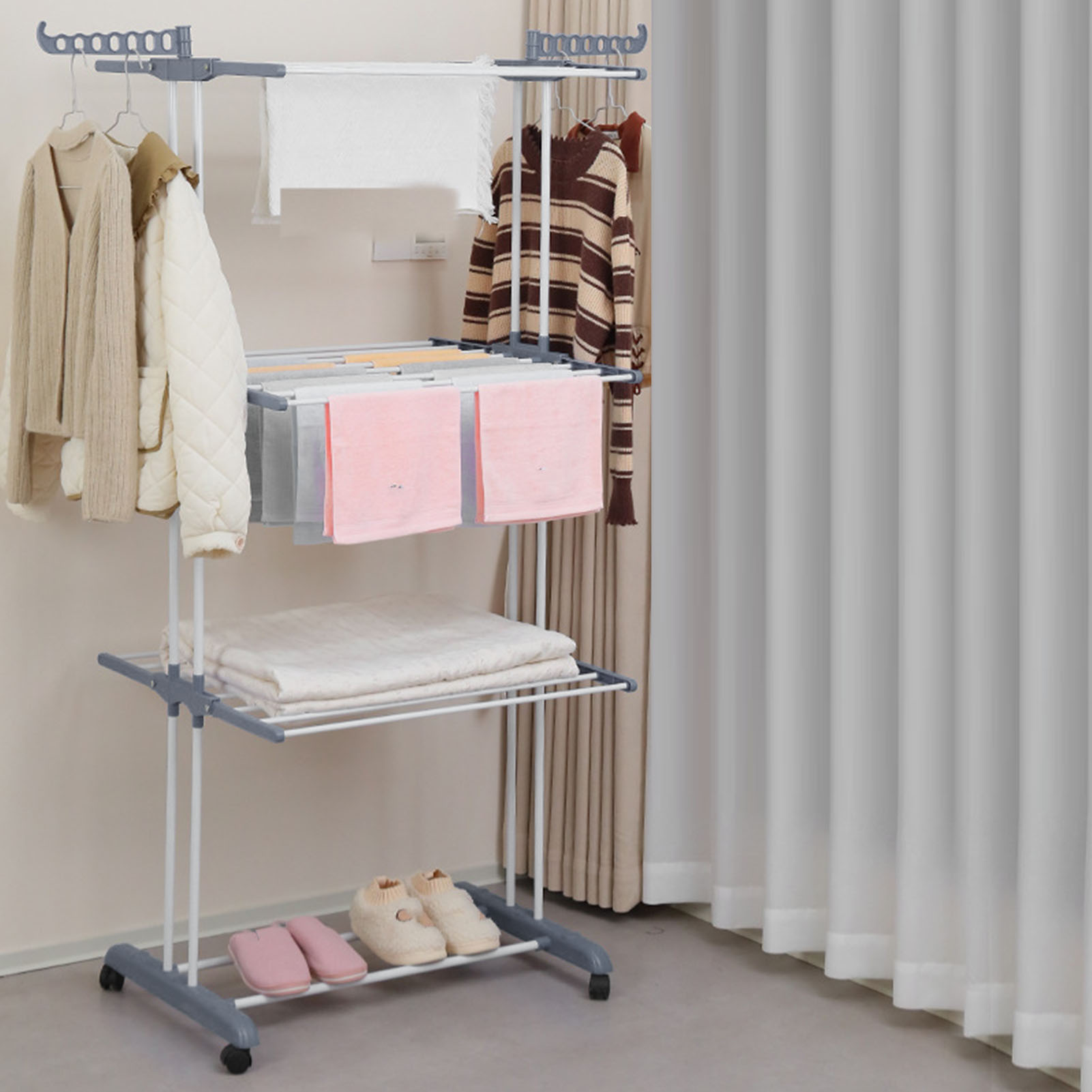 Movable Clothes Drying Rack Foldable Oversized 4-Tier Drying Rack with 4 castor