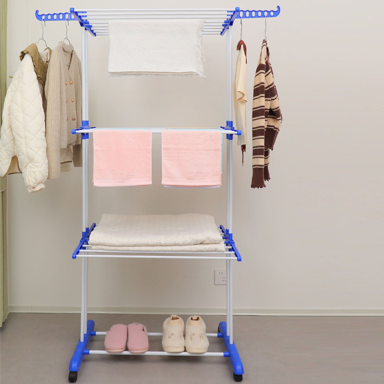 Foldable Movable Laundry Clothes Drying Rack Oversized 4-Tier with 4 Castors