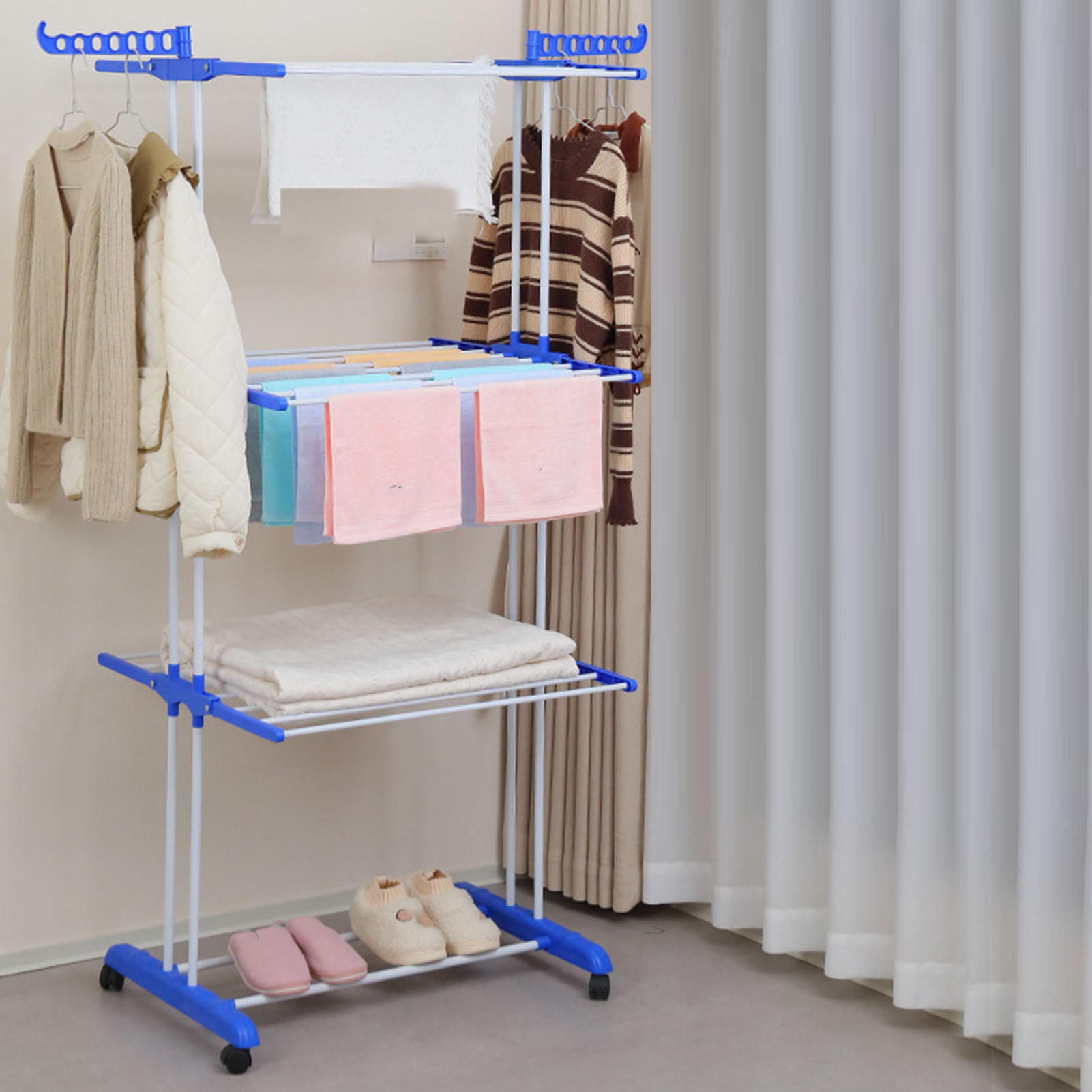 Foldable Movable Laundry Clothes Drying Rack Oversized 4-Tier with 4 Castors