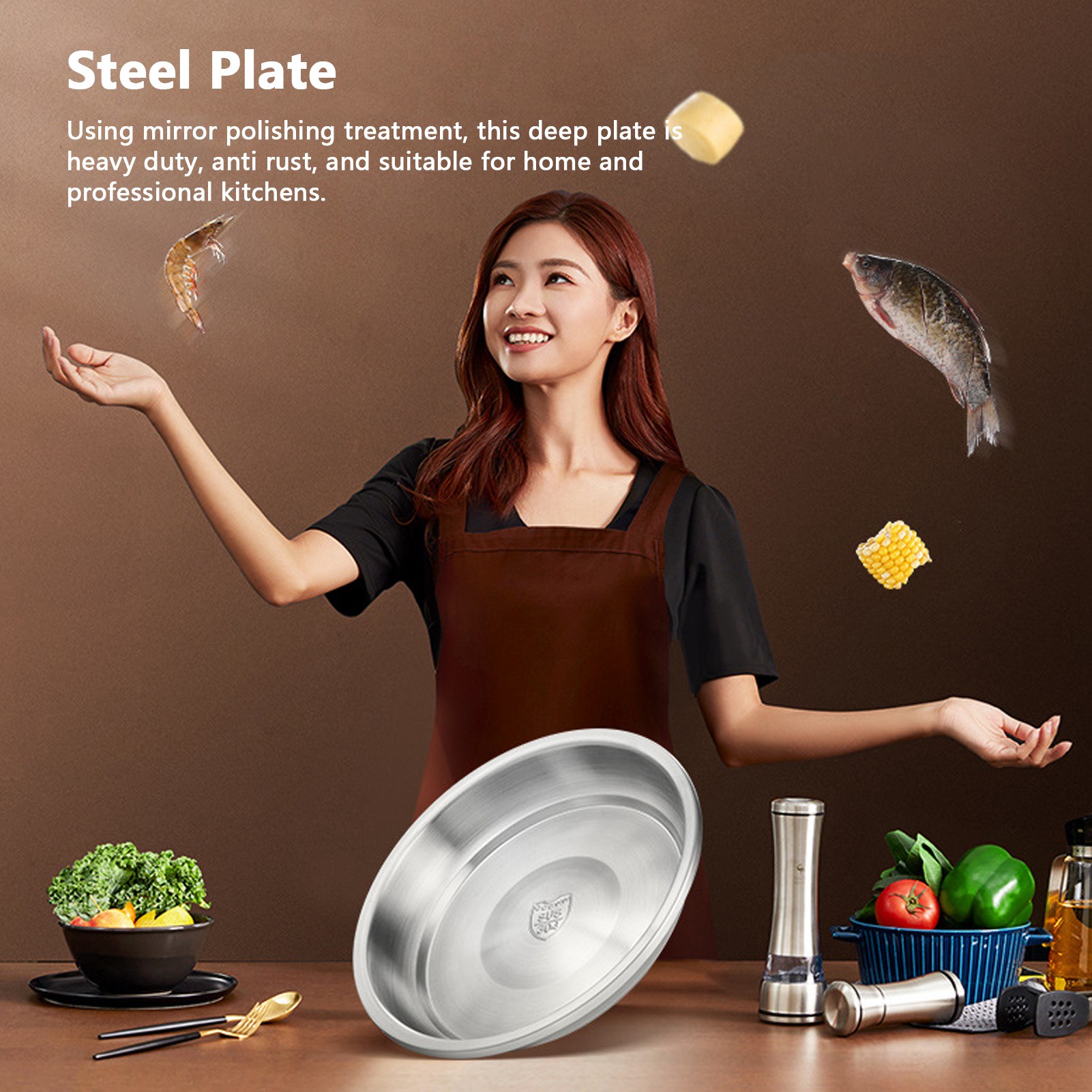 NEW Deep Plate Stainless Steel Heavy Duty Salad Soup Serving Dish Tableware For