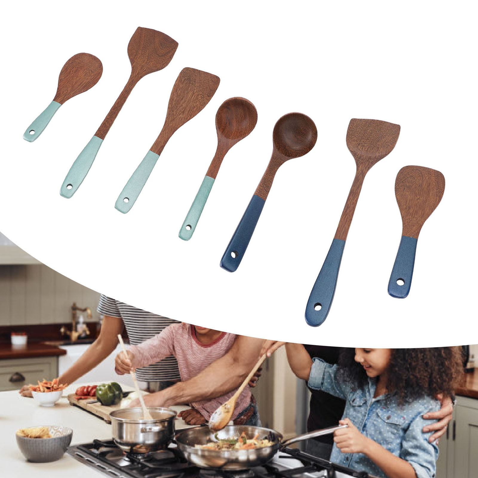 Set di utensili da cucina in legno premium 5 pezzi spatola gira zuppa mestolo - Foto 25 di 28