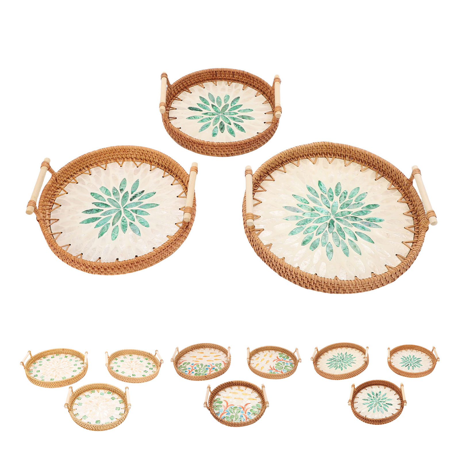 Three Piece Woven Rattan Fruit Bowl Round Shell Tray - Picture 27 of 31