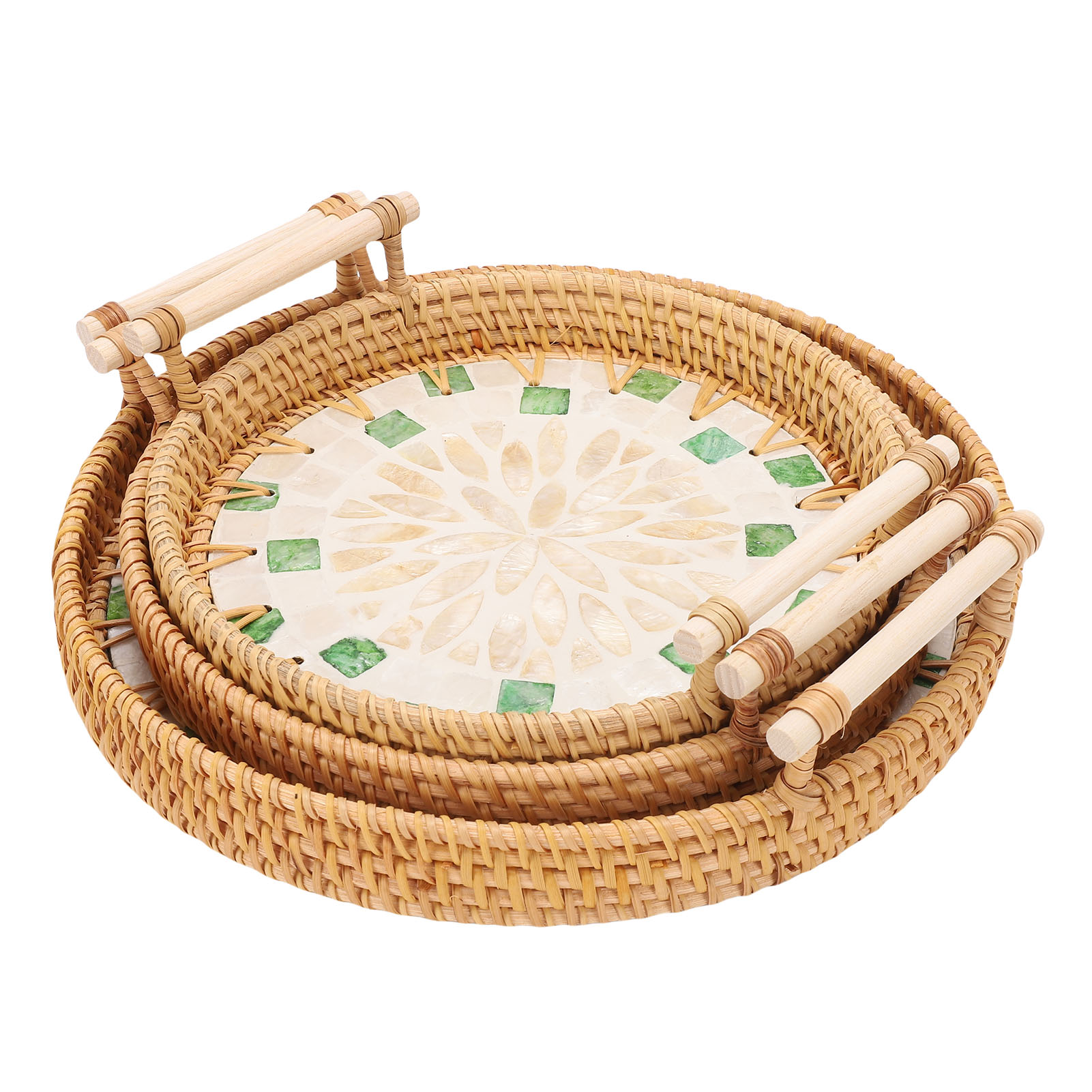 Three Piece Woven Rattan Fruit Bowl Round Shell Tray - Picture 24 of 31