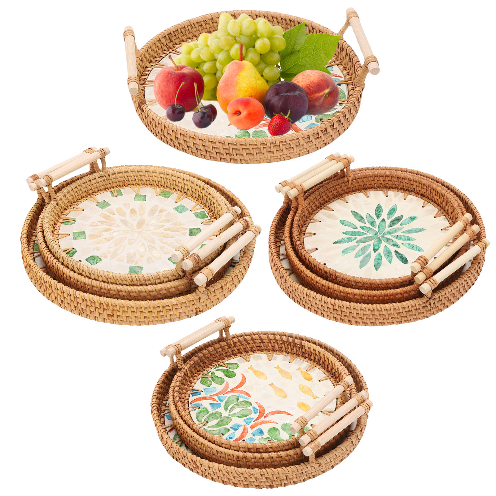 Three Piece Woven Rattan Fruit Bowl Round Shell Tray - Picture 28 of 31