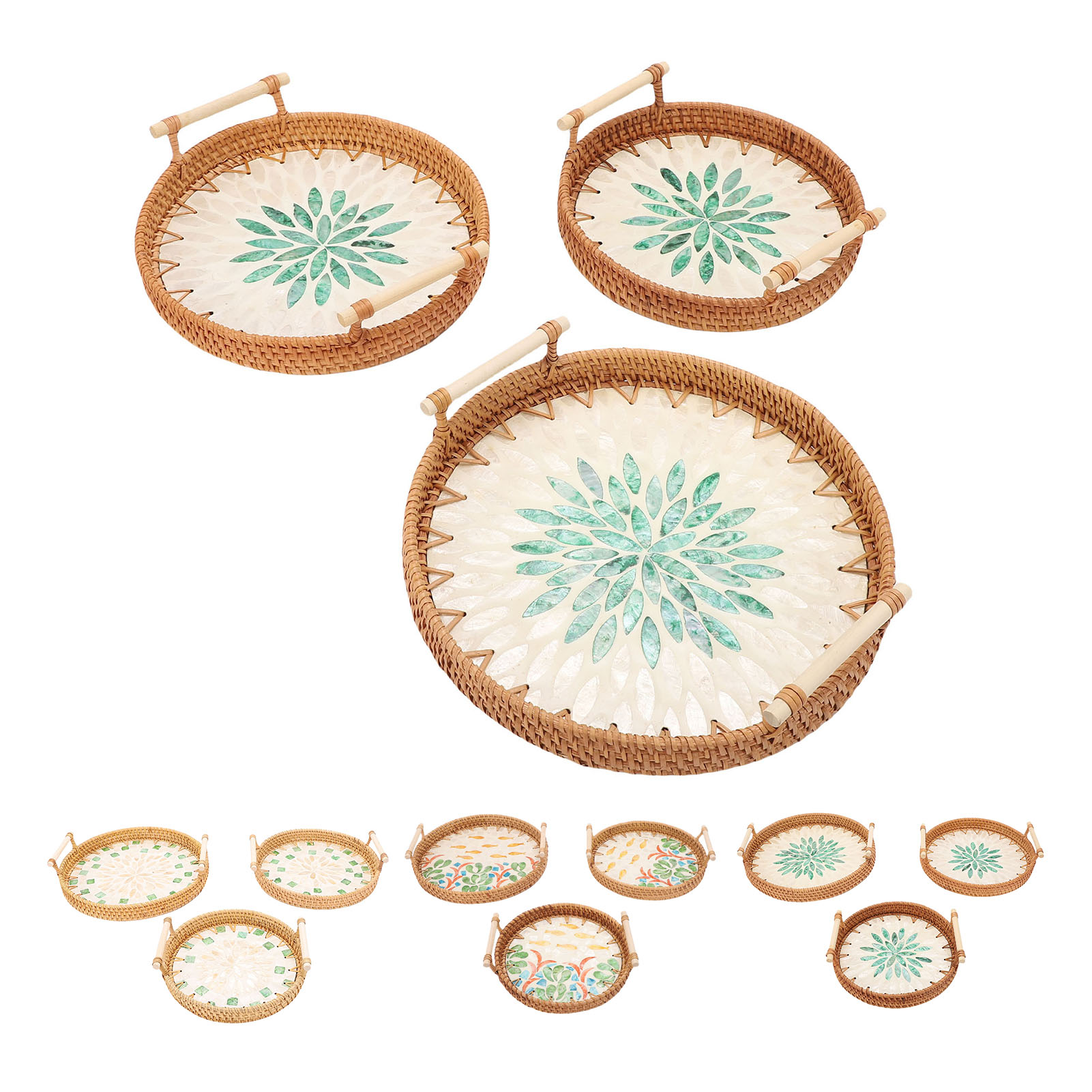 Three Piece Woven Rattan Fruit Bowl Round Shell Tray - Picture 23 of 31