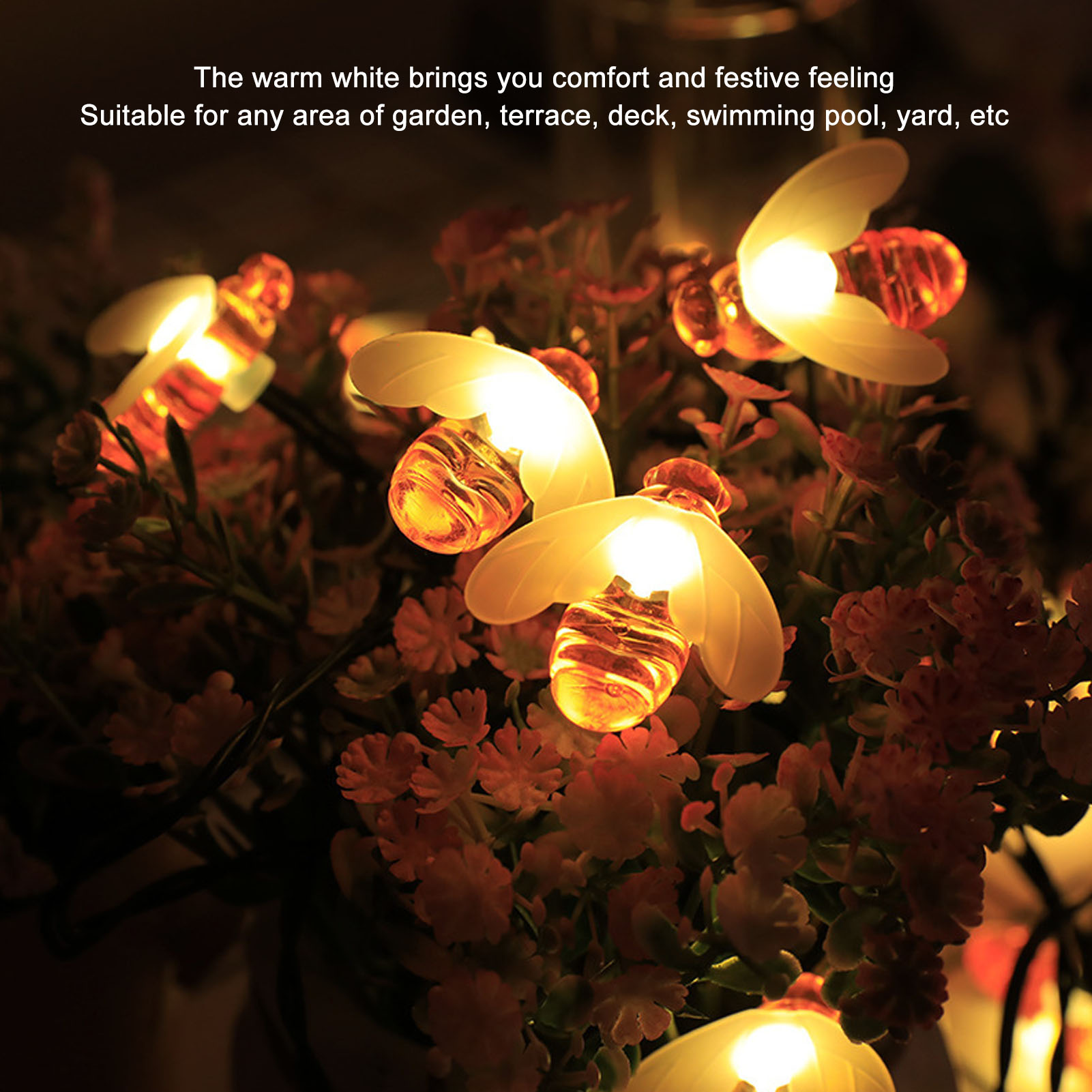 Solar Bee String Lights 20 LED Honey Bee Fairy Lights Waterproof Warm Light
