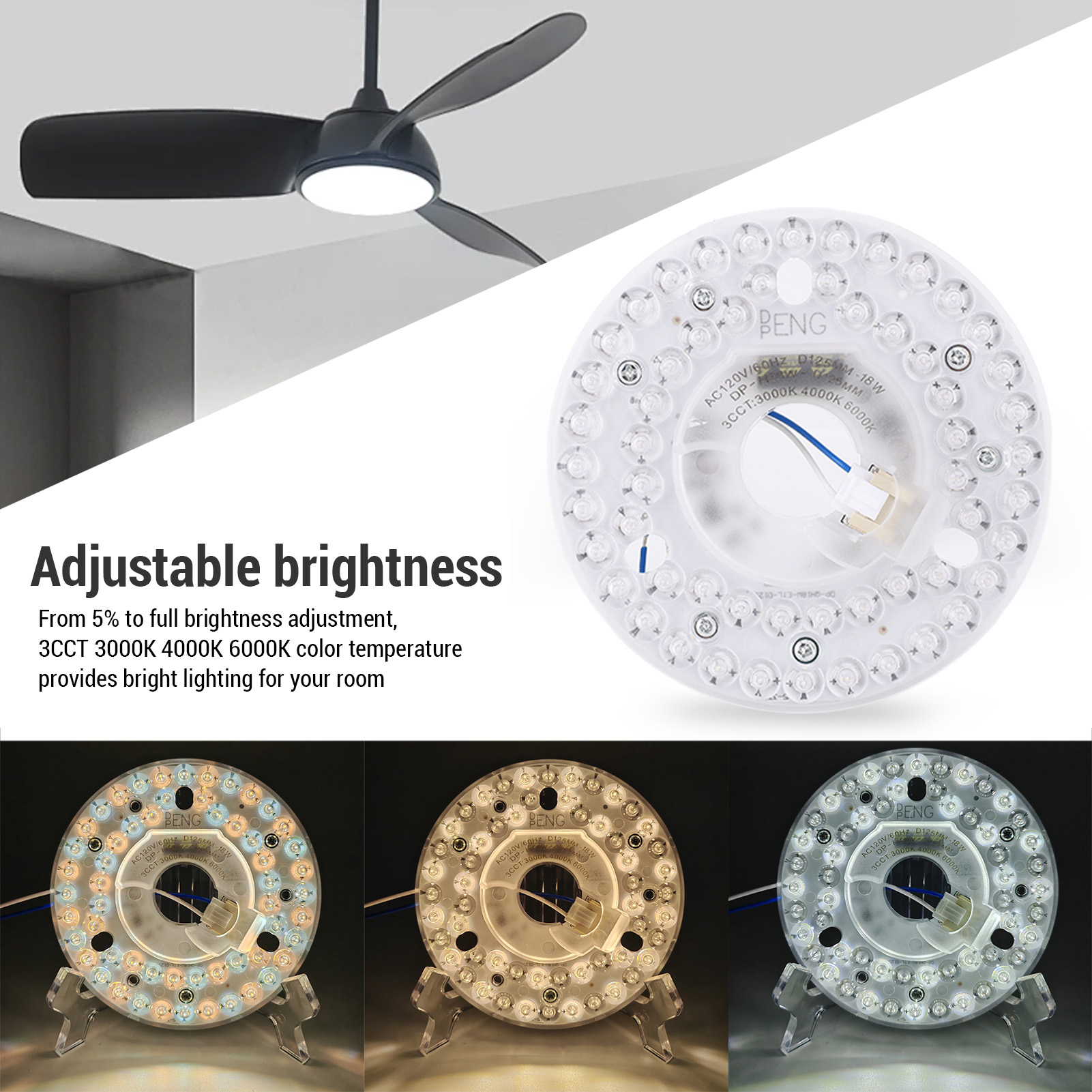 A 4.92 Inch LED Ceiling Fan Light Retrofit Kit 18W 3CCT 3000K 4000K 6000K - Picture 28 of 30