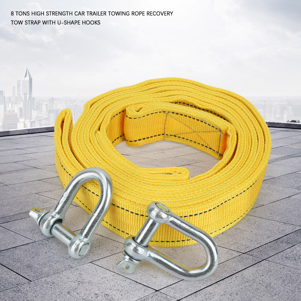 8 Tons Car Trailer Towing Rope Recovery Tow Strap With U Shape Hooks - Picture 17 of 19