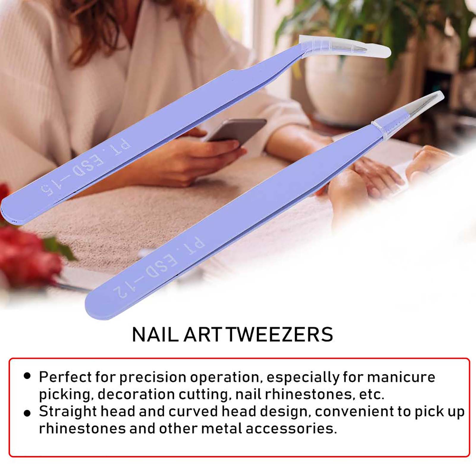 2Pcs Stainless Steel Nail Art Tweezers Anti Static Straight Curved Manicure AGS - Picture 14 of 15