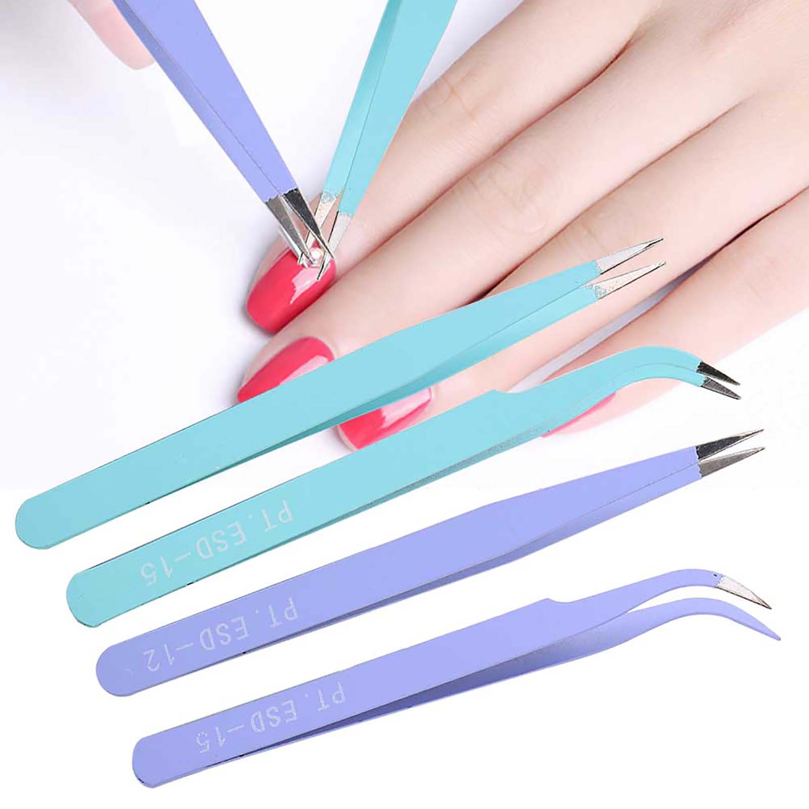 2Pcs Stainless Steel Nail Art Tweezers Anti Static Straight Curved Manicure AGS - Picture 10 of 15