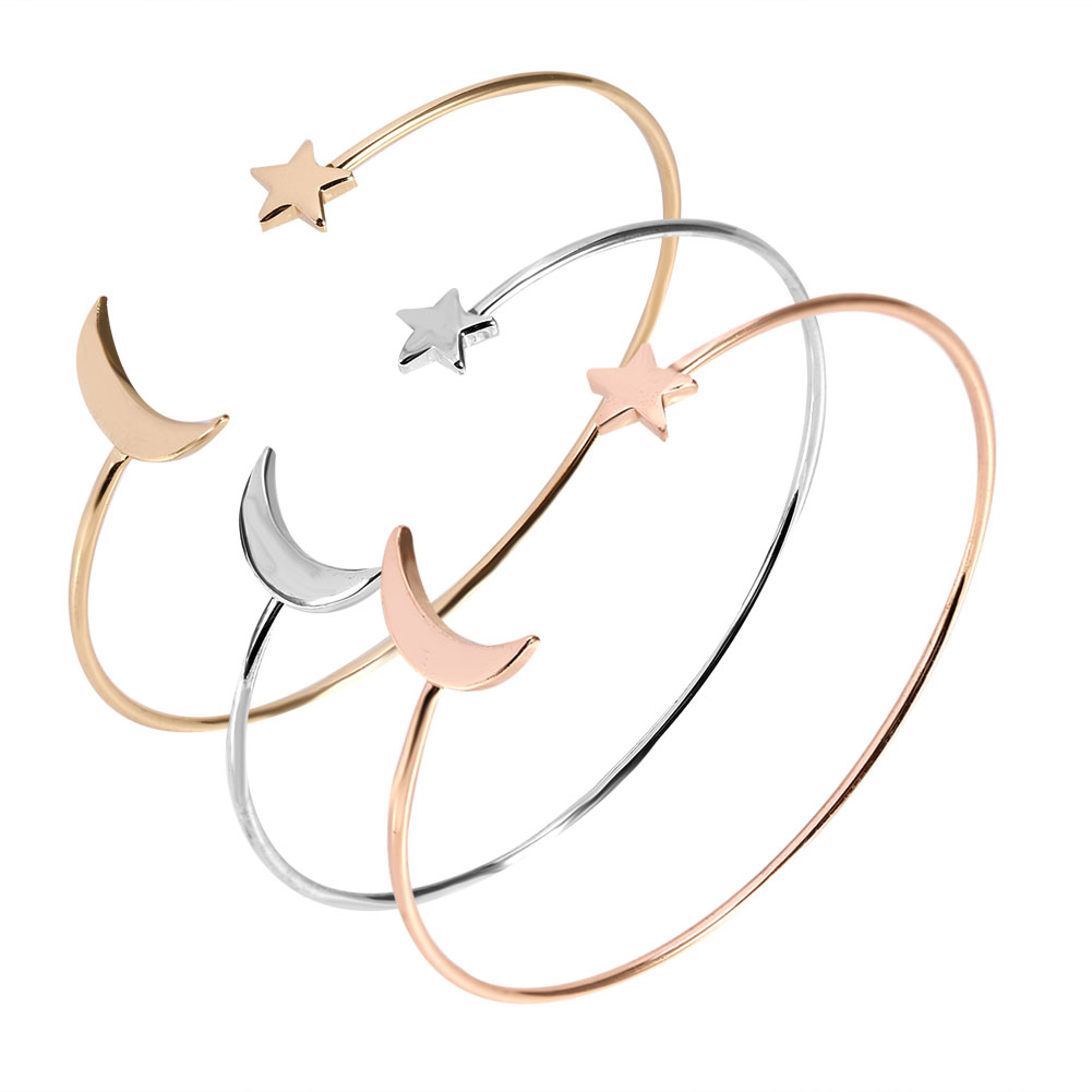 Female Open Bracelet Copper Plating Wristband Bangle With Moon Star Decorati NAU
